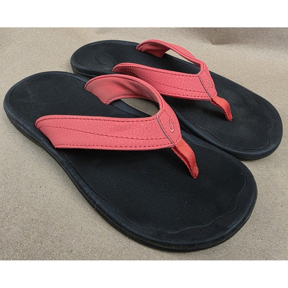 Olukai (Sz 6 EU 36) Ohana Flip Flop Sandals Womens Coral Black Comfort Thong